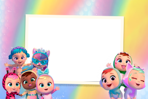 Moldura Personagens - Cry Babies Magic Tears Bonecas Cry Babies Magic Tears com fantasias de animais, moldura retangular bege, fundo colorido pastel.