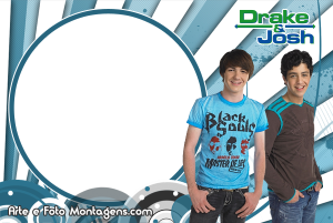 Moldura Personagens - Drake E Josh Drake e Josh sorrindo, moldura circular branca borda azul, fundo azul com logo Drake & Josh.