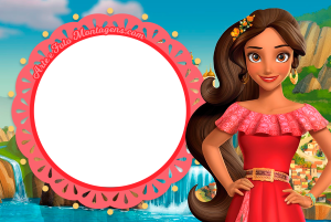 Moldura Personagens - Elena De Avalor Princesa Elena de Avalor vestido vermelho, flores cabelo, moldura circular borda rosa recortada, fundo cachoeira e ceu azul.