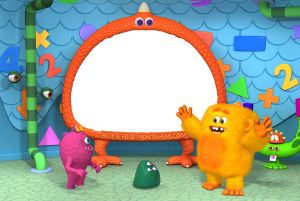 Moldura Personagens - Esquadrao Dos Monstros Monstros coloridos Escola de Sustos, sala de aula, moldura laranja formato boca monstro.