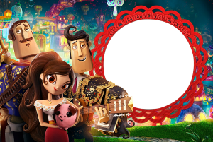 Moldura Personagens - Festa no Céu Manolo, Maria, Joaquin de Festa no Céu, cenário Dia dos Mortos, moldura circular vermelha borda renda.