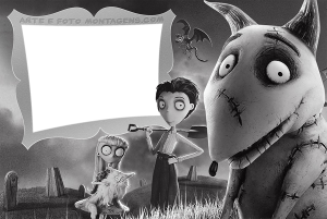 Moldura Personagens - Frankenweenie Personagens Frankenweenie preto e branco, cemitério, moldura cinza.