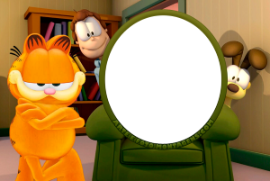 Moldura Personagens - Garfield Show Gato Garfield braços cruzados, Jon e Odie atrás poltrona verde, moldura encosto poltrona.