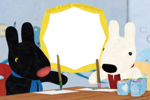 Moldura Personagens - Gaspard Et Lisa Coelhos Gaspar e Lisa desenhando pintando, moldura circular amarela, fundo azul com desenhos.