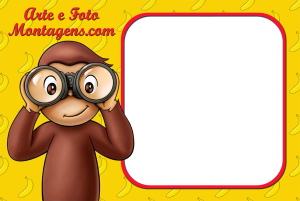 Moldura Personagens - George O Curioso Macaco George o Curioso com binóculo, moldura fina retangular vermelha cantos arredondados, fundo amarelo com bananas.
