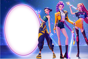 Moldura Personagens - Guerreiras do K-Pop Guerreiras do K-Pop Rui, Mira e Zoey, com moldura oval brilhante e fundo azul escuro.