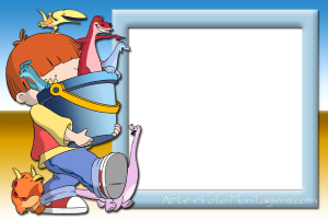 Moldura Personagens - Harry E O Balde De Dinossauros Menino Harry, balde azul com dinossauros coloridos, moldura retangular azul.