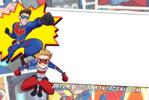 Moldura Personagens - Henry Danger Capitão Man e Kid Danger Henry Danger, poses ação, moldura retangular borda branca, fundo quadrinhos.