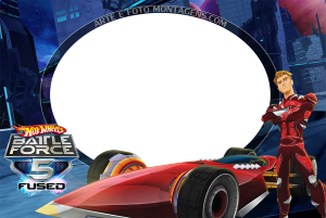 Moldura Personagens - Hot Wheels Battle Force 5 Piloto Vert Wheeler, carro Saber Hot Wheels Battle Force 5, moldura oval preta borda azul, fundo cidade futurista azul noite.