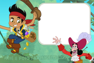 Moldura Personagens - Jake E Os Piratas Jake Piratas Terra do Nunca, Capitão Gancho, moldura fina bege cantos arredondados, fundo selva.