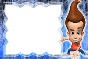 Moldura Personagens - Jimmy Neutron Jimmy Neutron pose ação, sorriso confiante, moldura transparente, fundo azul escuro com brilhos.