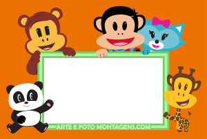 Moldura Personagens - Julius Jr Macaco Julius Jr e amigos animais, placa verde retangular, fundo laranja.