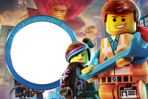 Moldura Personagens - Lego Movie Emmet, Megaestilo, Senhor Negócios Uma Aventura LEGO, moldura circular azul borda prateada, fundo cidade LEGO.