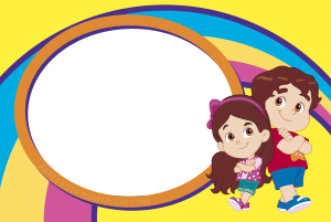 Moldura Personagens - Maria Clara E Jp Youtubers Maria Clara e JP, moldura laranja oval, fundo amarelo com arcos azul e rosa.