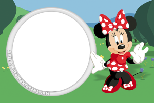Moldura Personagens - Mickey Minnie Vermelha Minnie Mouse vestido vermelho de poá branco, moldura circular branca borda, fundo de paisagem de campo.