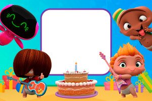 Moldura Personagens - Mini Beat Power Rockers Aniversario Mini Beat Power Rockers, bolo aniversário, presentes, moldura quadrada roxa, fundo azul.