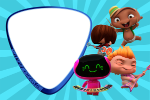 Moldura Personagens - Mini Beat Power Rockers Banda Mini Beat Power Rockers tocando instrumentos, moldura azul escuro com formato de palheta, fundo azul claro com raios.