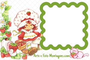 Moldura Personagens - Moranguinho Antiga Original Moranguinho clássica, cesta morangos, gato Mostarda, moldura verde borda ondulada, fundo branco morangos flores.