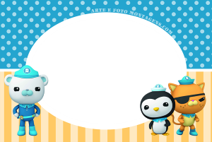 Moldura Personagens - Octonautas Capitão Polar, Kwazii, Pepe Octonautas, moldura oval branca, fundo listrado amarelo e azul poá.