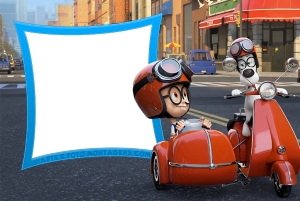 Moldura Personagens - Peabody E Sherman Sr. Peabody e Sherman, motocicleta sidecar, rua cidade, moldura azul clara distorcida.