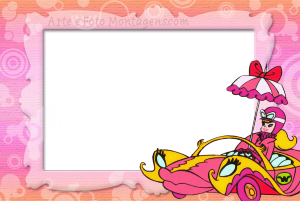Moldura Personagens - Penelope Penélope Charmosa carro rosa, moldura preta irregular borda rosa, fundo rosa círculos.