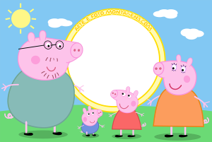 Moldura Personagens - Peppa Pig Família Pig (Papai, Mamãe, Peppa, George), campo verde, moldura circular amarela, fundo céu sol.