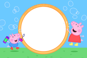 Moldura Personagens - Peppa Pig Bolhinha De Sabao Peppa e George Pig, bolhas sabão, gramado, moldura circular laranja, fundo céu azul bolhas.