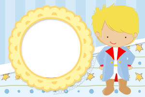 Moldura Personagens - Pequeno Principe Baby Pequeno Príncipe chibi, moldura circular amarela de renda, fundo azul claro listrado e com estrelas.