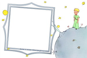 Moldura Personagens - Pequeno Principe Pequeno Príncipe no seu planeta, rosa, flores, moldura cinza, fundo branco estrelas planetas.