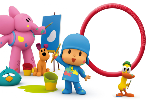 Moldura Personagens - Pocoyo Pocoyo, Elly, Pato, Loula pintando, tintas, pincéis, moldura circular vermelha, fundo branco.