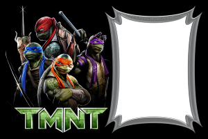 Moldura Personagens - Tartarugas Ninja Tmnt Tartarugas Ninja filme 2014, logo TMNT, moldura cinza escura bordas metálicas pontiagudas, fundo preto.