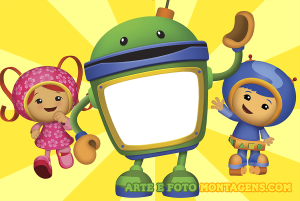 Moldura Personagens - Team Umizoomi Milli, Geo, Bot Team Umizoomi, Bot segurando moldura xadrez, fundo amarelo raios.