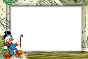 Moldura Personagens - Tio Patinhas Tio Patinhas, saco dinheiro, bengala, moldura retangular transparente, fundo notas dólar.