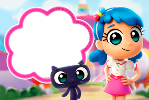 Moldura Personagens - Vera E O Reino Do Arco Iris True Vera e gato Bartleby (Vera e o Reino do Arco-Íris), moldura formato nuvem borda rosa, fundo Reino Arco-Íris.