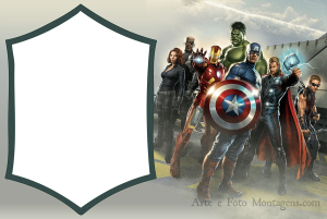 Moldura Personagens - Vingadores Avengers 2 Vingadores Guerra Civil, porta-aviões SHIELD, moldura verde militar formato escudo.
