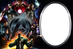 Moldura Personagens - Vingadores Avengers Vingadores reunidos, logo 'Avengers', moldura oval metálica.