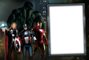 Moldura Personagens - Vingadores Avengers Vingadores (Thor, Capitão América, Homem de Ferro, Hulk), cena ação cidade, moldura retangular vertical preta borda prateada.