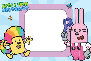 Moldura Personagens - Wow Wow Wubbzy Wubbzy e Widget (Wow! Wow! Wubbzy!), moldura lilás cantos arredondados, fundo azul raios.