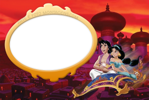 Moldura Personagens - Aladdin Aladdin e Jasmine, voando no tapete mágico, Abu, moldura oval amarela, fundo Agrabah.