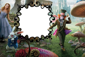 Moldura Personagens - Alice Chapeleiro Coelho Alice, Chapeleiro Maluco, Coelho Branco (live-action), floresta mágica, moldura preta ornamentada.