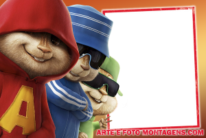 Moldura Personagens - Alvin E Os Esquilos Alvin, Simon, Theodore (Alvin e os Esquilos), roupas esportivas, moldura retangular vermelha borda branca, fundo laranja.