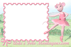 Moldura Personagens - Angelina Ballerina Ratinha Angelina Ballerina, pose balé, vestido rosa, moldura retangular rosa ondulada, fundo paisagem grama verde e céu azul.