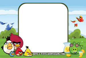 Moldura Personagens - Angry Birds Pássaros Angry Birds, porco verde suco, campo, borboletas, moldura retangular verde escura, fundo grama verde e céu azul.