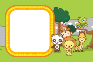 Moldura Personagens - Animazoo Animais zoológico chibi (panda, leão, macaco, girafa, pássaro), parque, moldura quadrada laranja, fundo verde.
