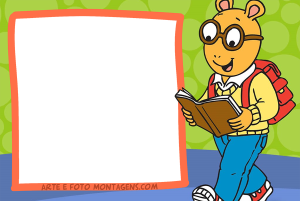 Moldura Personagens - Arthur Arthur Read lendo livro, mochila vermelha, moldura quadrada laranja sombra verde, fundo verde poá.