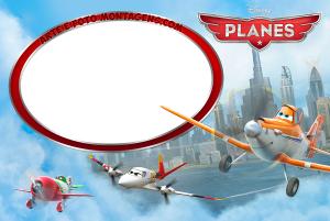 Moldura Personagens - Avioes Dusty e aviões Disney voando cidade, moldura oval vermelha branca, fundo arranha-céus e céu azul.
