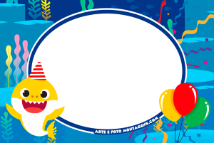 Moldura Personagens - Baby Shark Aniversario Baby Shark amarelo com chapéu de festa, balões, moldura oval azul escura, fundo marinho confetes.