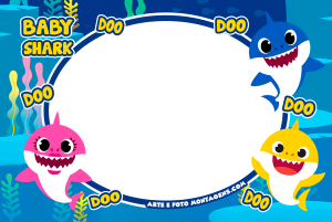 Moldura Personagens - Baby Shark Familia Família Baby Shark (rosa, azul, amarelo), 'DOO', moldura oval azul, fundo marinho algas.