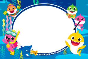 Moldura Personagens - Baby Shark Musica Família Shark tocando instrumentos musicais, moldura oval azul escura, fundo marinho.