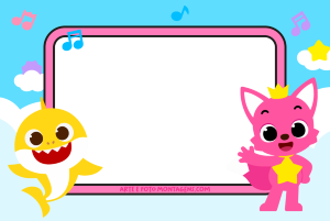 Moldura Personagens - Baby Shark Pinkfong Baby Shark amarelo, Pinkfong raposa rosa, moldura retangular borda rosa, fundo céu azul nuvens estrelas notas.